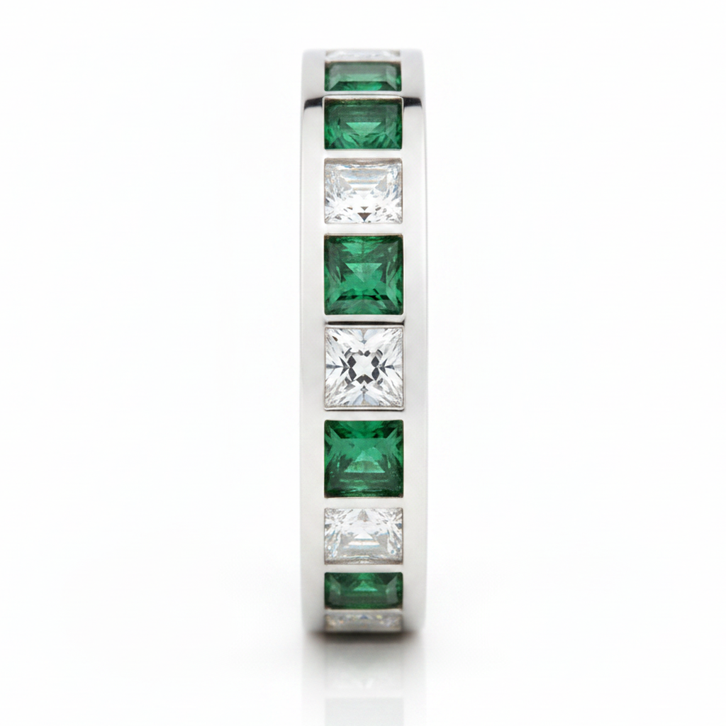 Emerald and Princess Diamond Channel Half Eternity Band Ring Natural 18K White Gold