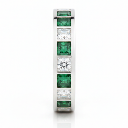 Emerald and Princess Diamond Channel Half Eternity Band Ring Natural 18K White Gold
