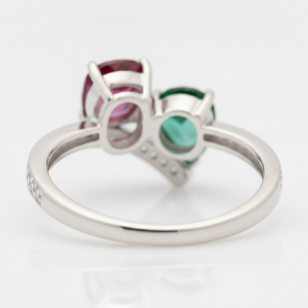 Emerald and Ruby Two Stone Ring Natural 18K White Gold