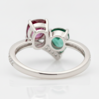 Emerald and Ruby Two Stone Ring Natural 18K White Gold