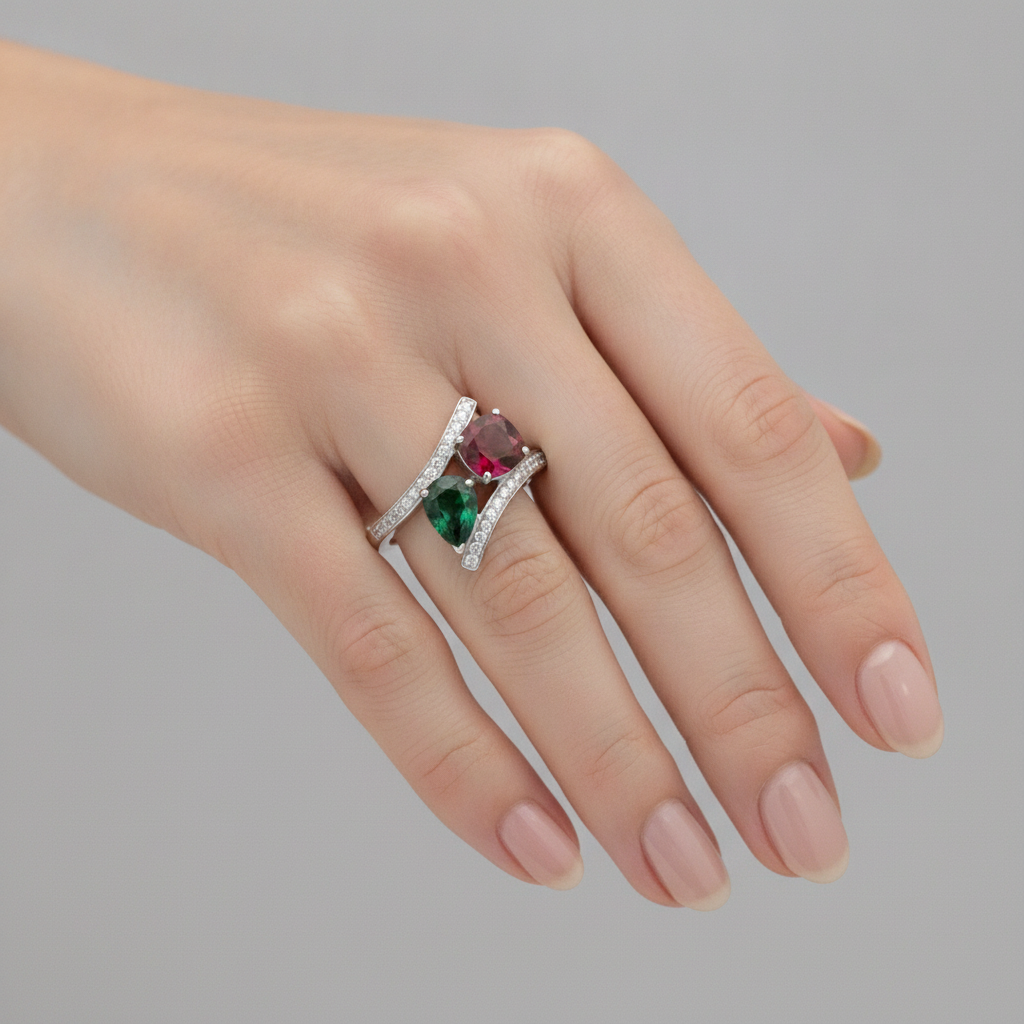 Emerald and Ruby Two Stone Ring Natural 18K White Gold