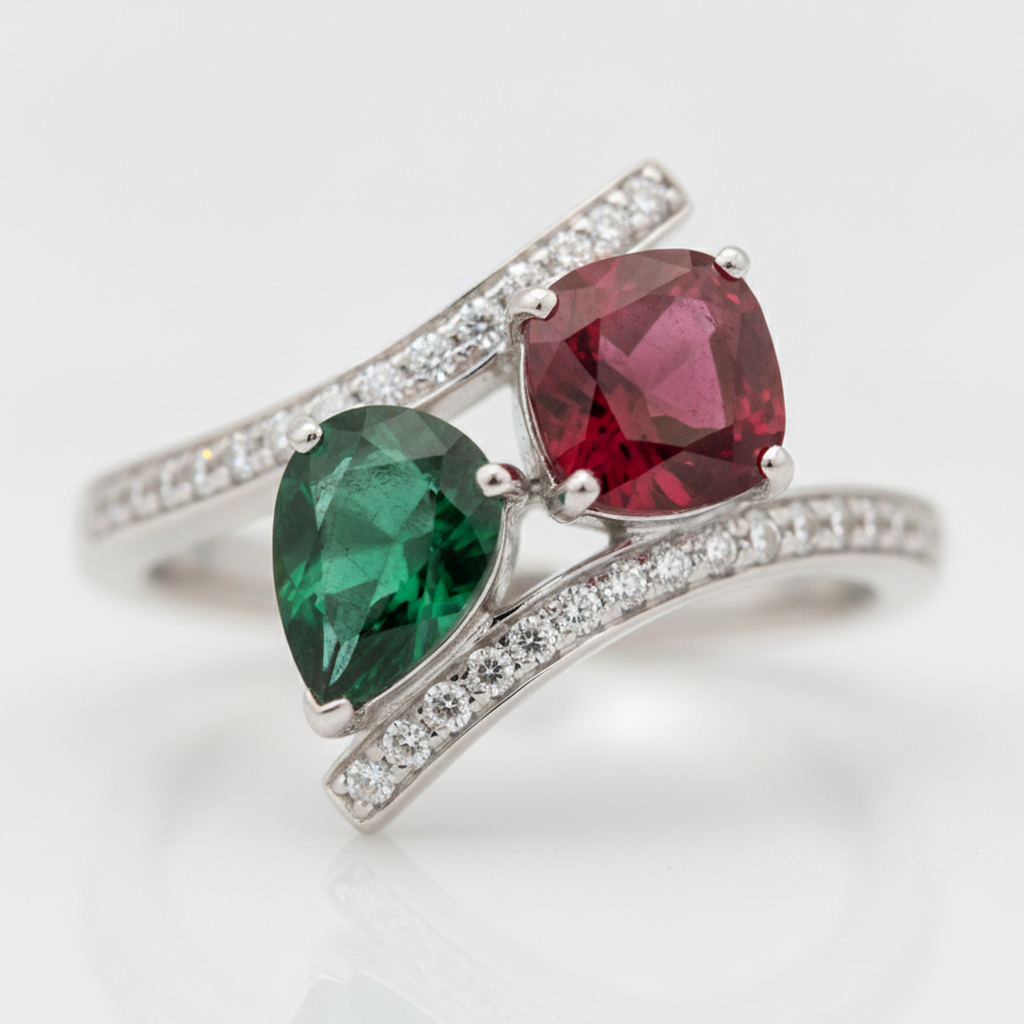 Emerald and Ruby Two Stone Ring Natural 18K White Gold