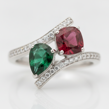 Emerald and Ruby Two Stone Ring Natural 18K White Gold