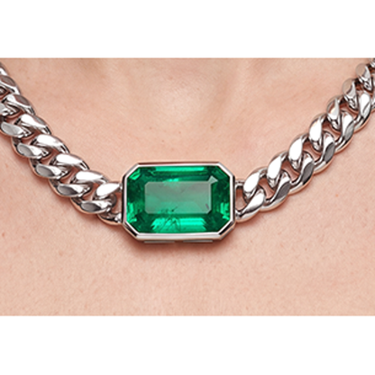 Emerald Cuban Chain Necklace 11 Carat Lab Grown IGI Certified East West Green Emerald Cut Bezel 16 Inch 14K White Gold