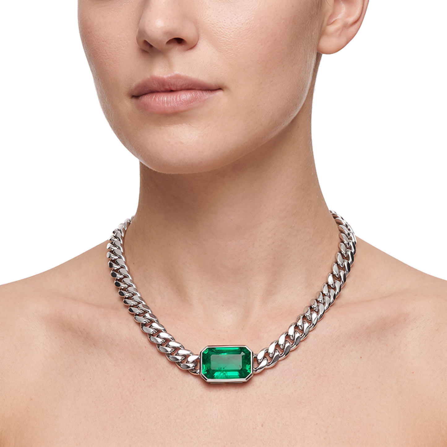 Emerald Cuban Chain Necklace 11 Carat Lab Grown IGI Certified East West Green Emerald Cut Bezel 16 Inch 14K White Gold