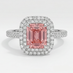 Emerald Cut Padparadscha and White Diamond Double Halo Ring Natural 14K White Gold