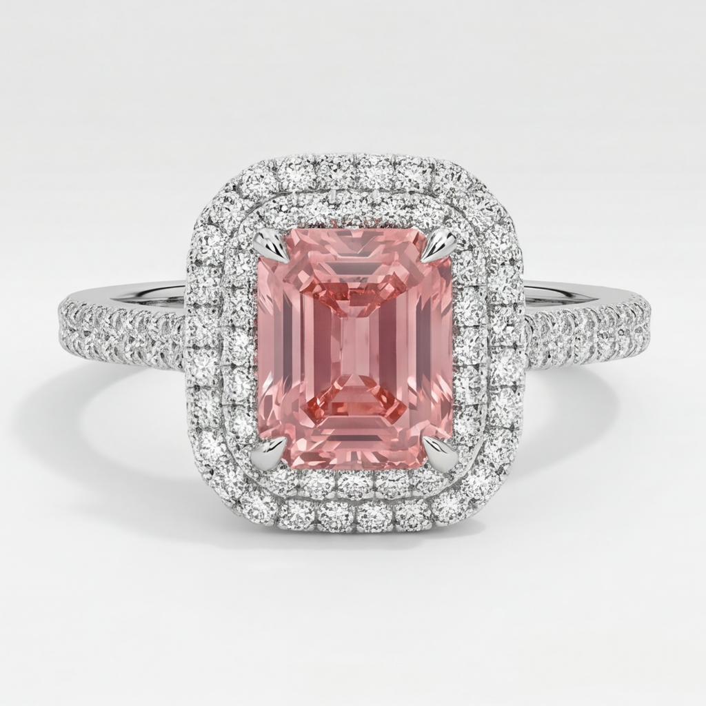 Emerald Cut Padparadscha and White Diamond Double Halo Ring Natural 14K White Gold