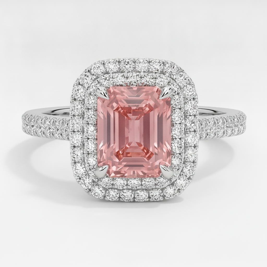 Emerald Cut Padparadscha and White Diamond Double Halo Ring Natural 14K White Gold