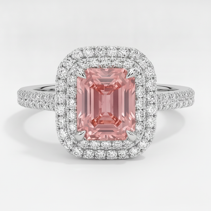 Emerald Cut Padparadscha and White Diamond Double Halo Ring Natural 14K White Gold