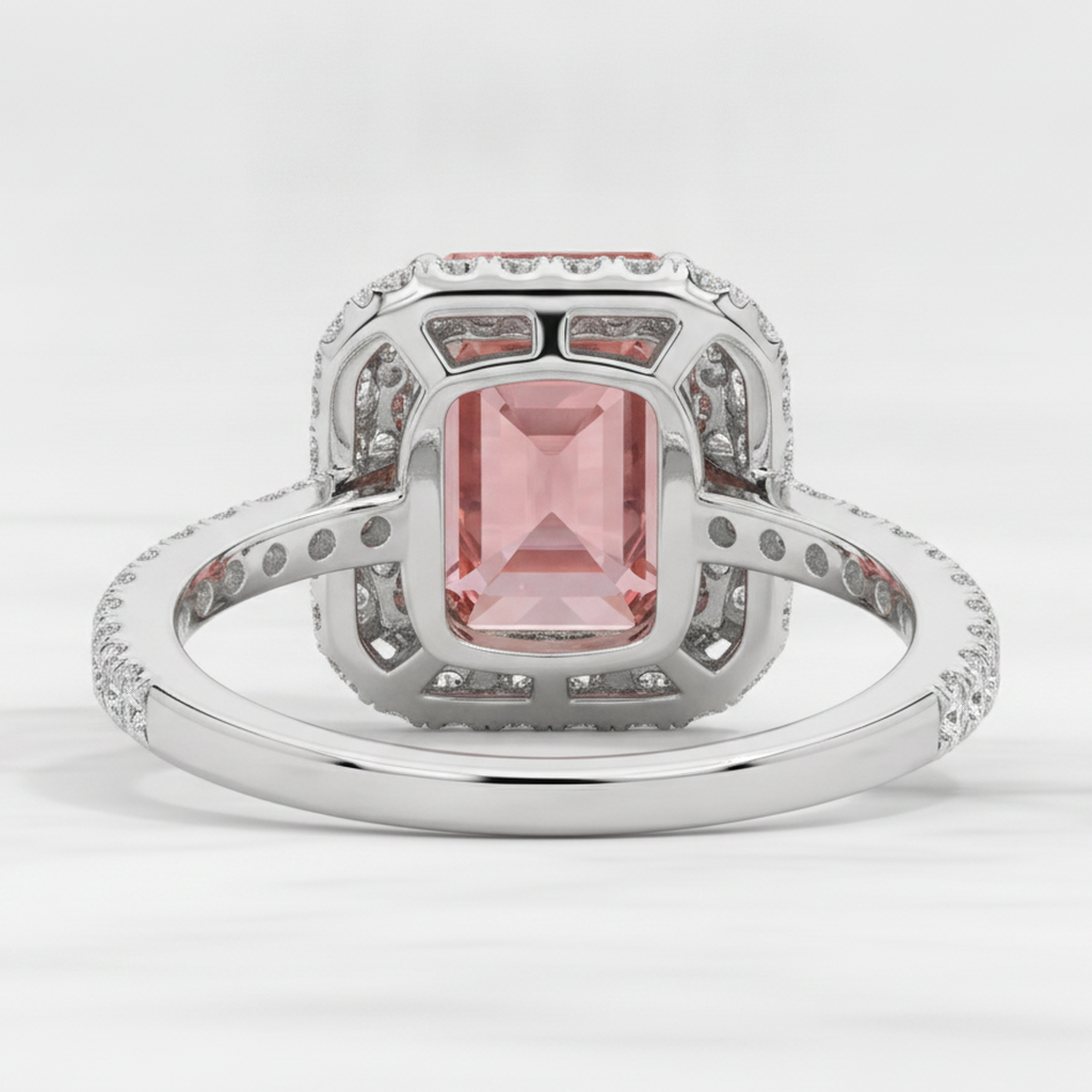 Emerald Cut Padparadscha and White Diamond Double Halo Ring Natural 14K White Gold