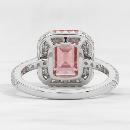 Emerald Cut Padparadscha and White Diamond Double Halo Ring Natural 14K White Gold