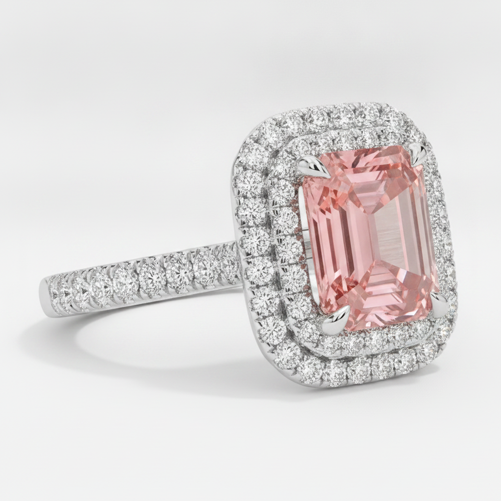 Emerald Cut Padparadscha and White Diamond Double Halo Ring Natural 14K White Gold