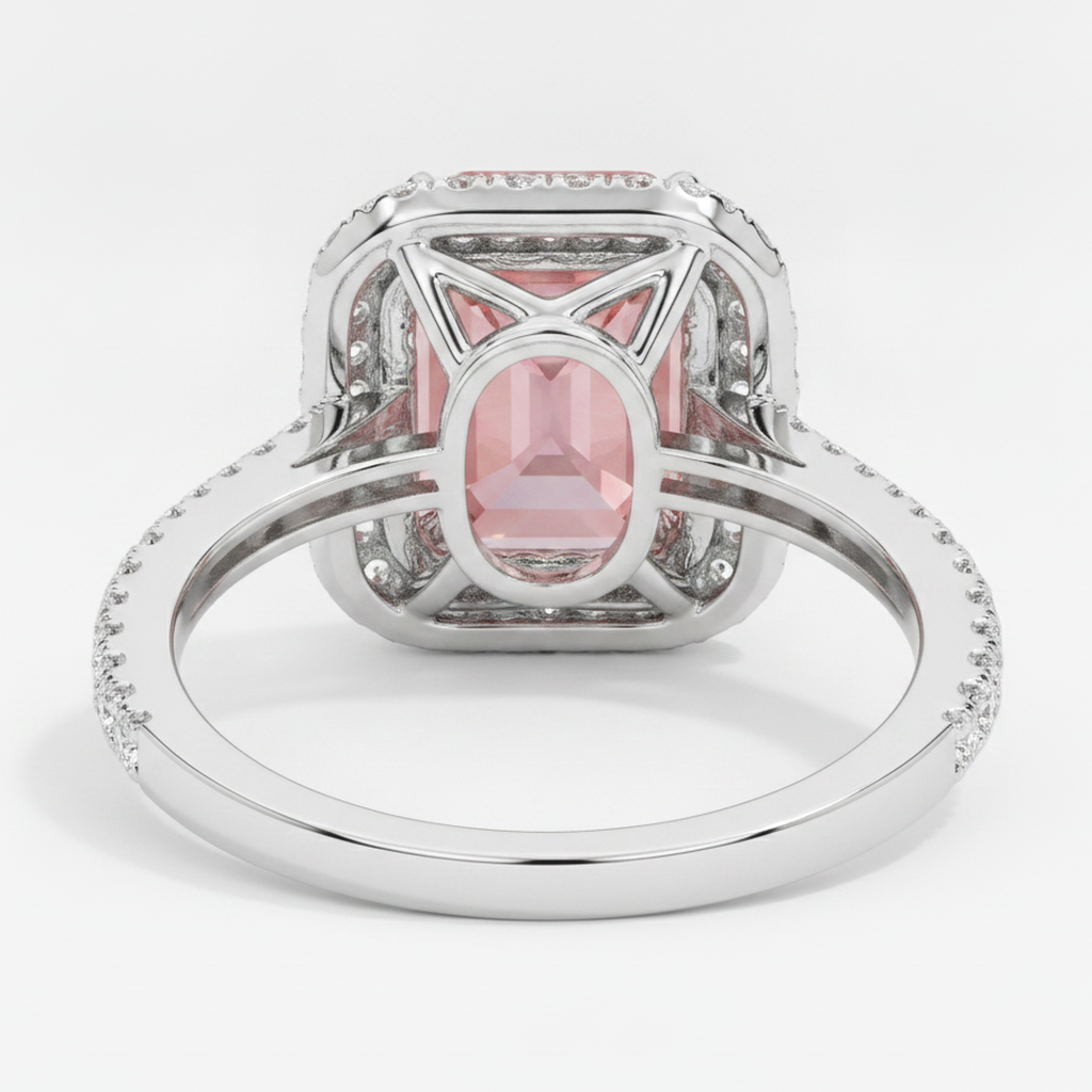 Emerald Cut Padparadscha and White Diamond Double Halo Ring Natural 14K White Gold