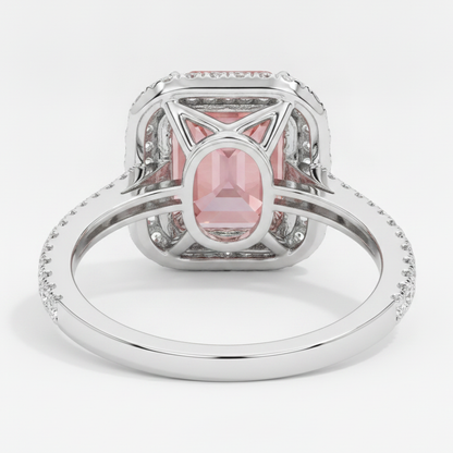Emerald Cut Padparadscha and White Diamond Double Halo Ring Natural 14K White Gold
