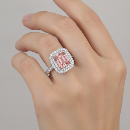 Emerald Cut Padparadscha and White Diamond Double Halo Ring Natural 14K White Gold