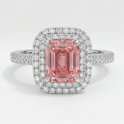 Emerald Cut Padparadscha and White Diamond Double Halo Ring Natural 14K White Gold