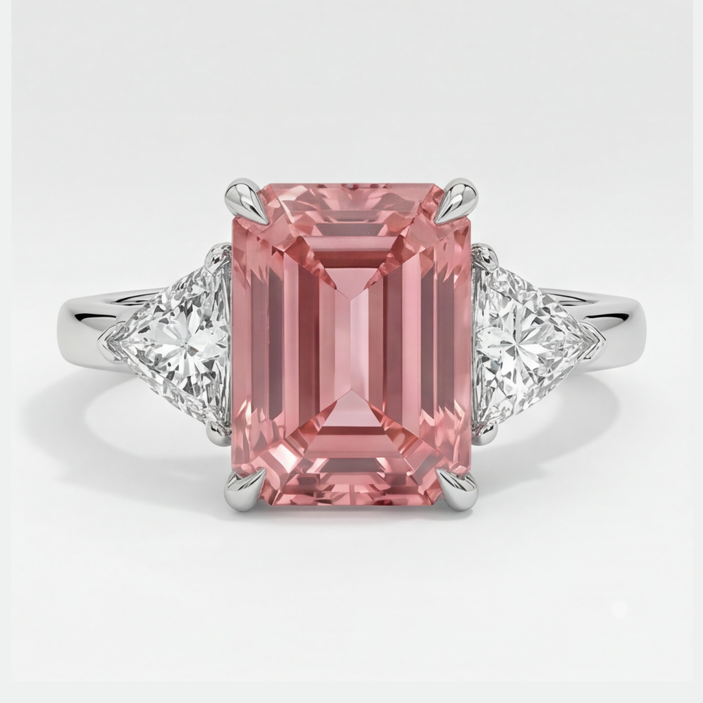 Emerald Cut Padparadscha and White Trilliant Three Stone Ring Natural Platinum