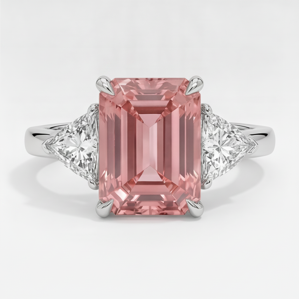 Emerald Cut Padparadscha and White Trilliant Three Stone Ring Natural Platinum