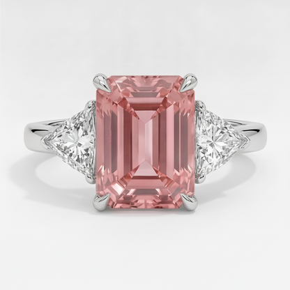 Emerald Cut Padparadscha and White Trilliant Three Stone Ring Natural Platinum