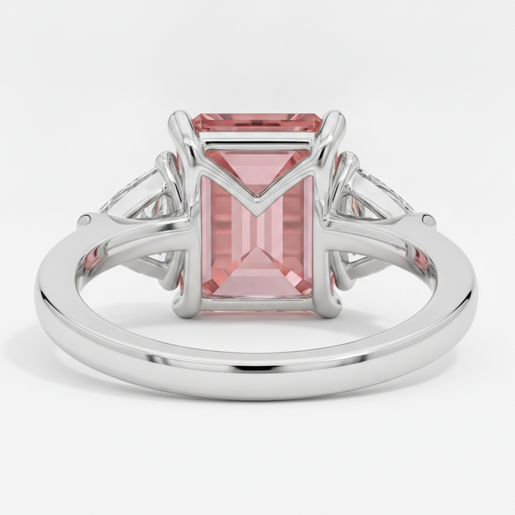 Emerald Cut Padparadscha and White Trilliant Three Stone Ring Natural Platinum