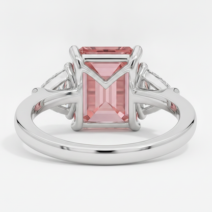 Emerald Cut Padparadscha and White Trilliant Three Stone Ring Natural Platinum