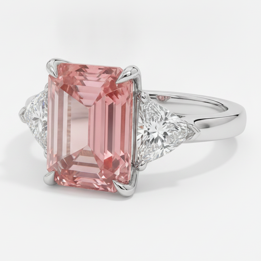 Emerald Cut Padparadscha and White Trilliant Three Stone Ring Natural Platinum