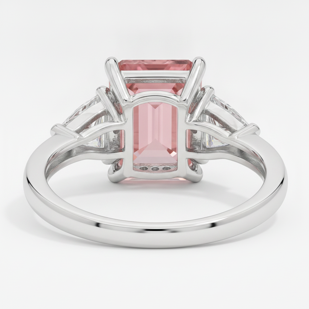 Emerald Cut Padparadscha and White Trilliant Three Stone Ring Natural Platinum