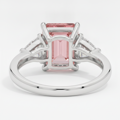 Emerald Cut Padparadscha and White Trilliant Three Stone Ring Natural Platinum