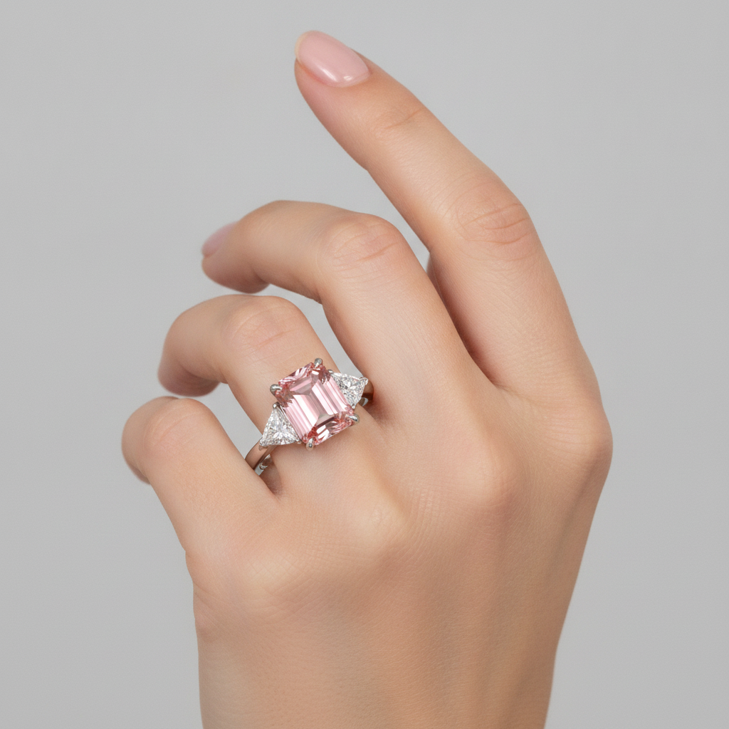Emerald Cut Padparadscha and White Trilliant Three Stone Ring Natural Platinum