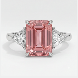 Padparadscha Sapphire Ring 3 Carat Real Emerald and White Trilliant Three Stone Platinum