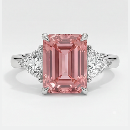 Emerald Cut Padparadscha and White Trilliant Three Stone Ring Natural Platinum