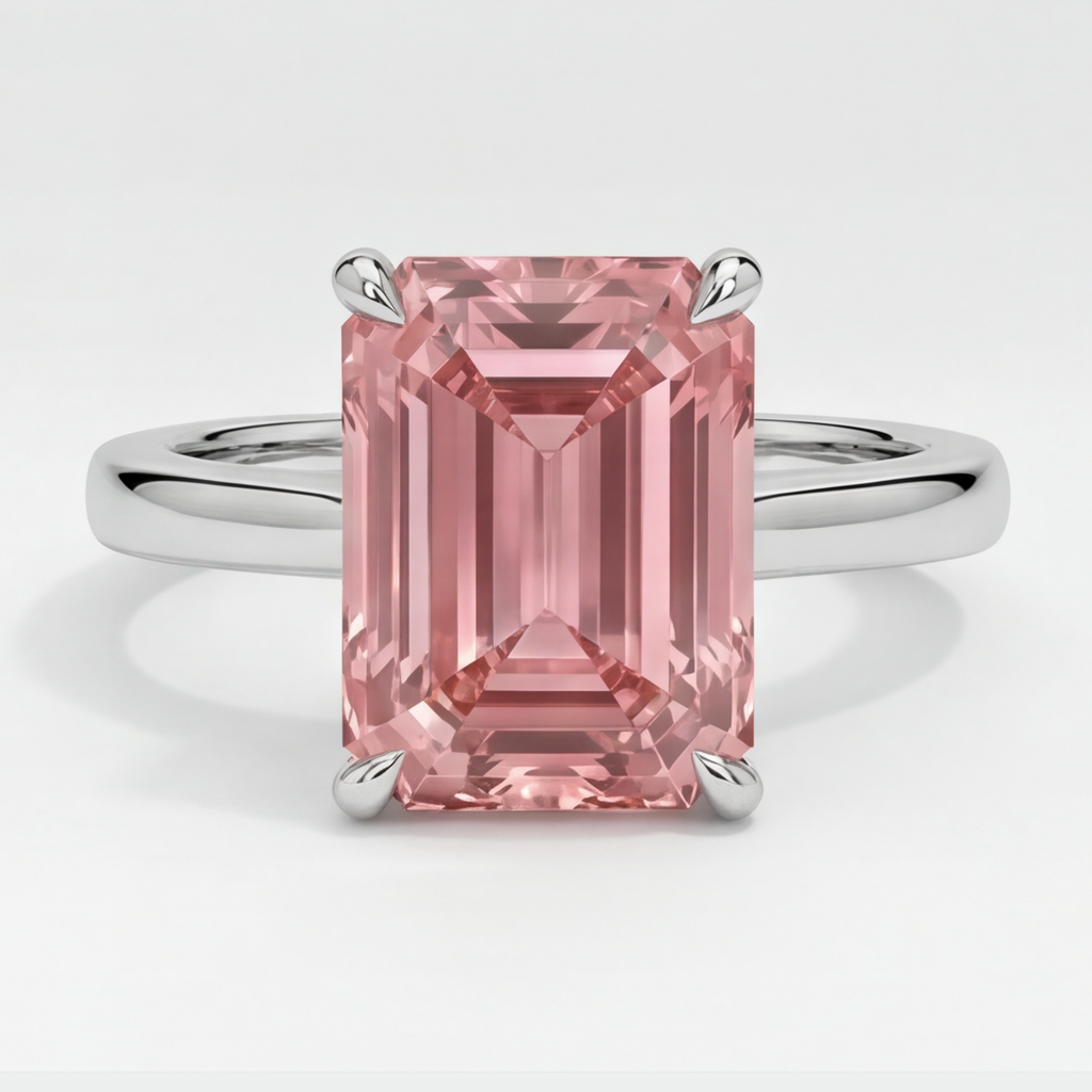 Emerald Cut Padparadscha Solitaire Ring Natural 14K White Gold