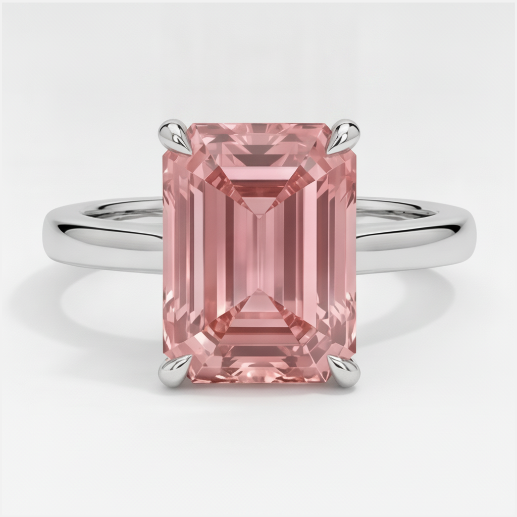 Emerald Cut Padparadscha Solitaire Ring Natural 14K White Gold