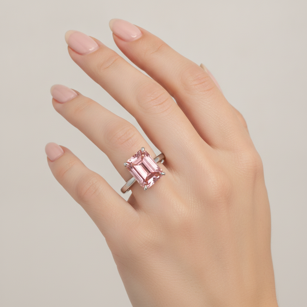 Emerald Cut Padparadscha Solitaire Ring Natural 14K White Gold