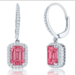 Emerald Cut Pink Lab Grown Diamond and White Diamond Halo Leverback Earrings 14K White Gold