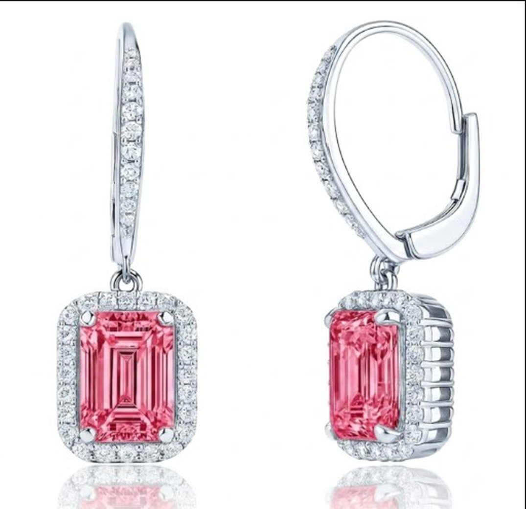 Emerald Cut Pink Lab Grown Diamond and White Diamond Halo Leverback Earrings 14K White Gold
