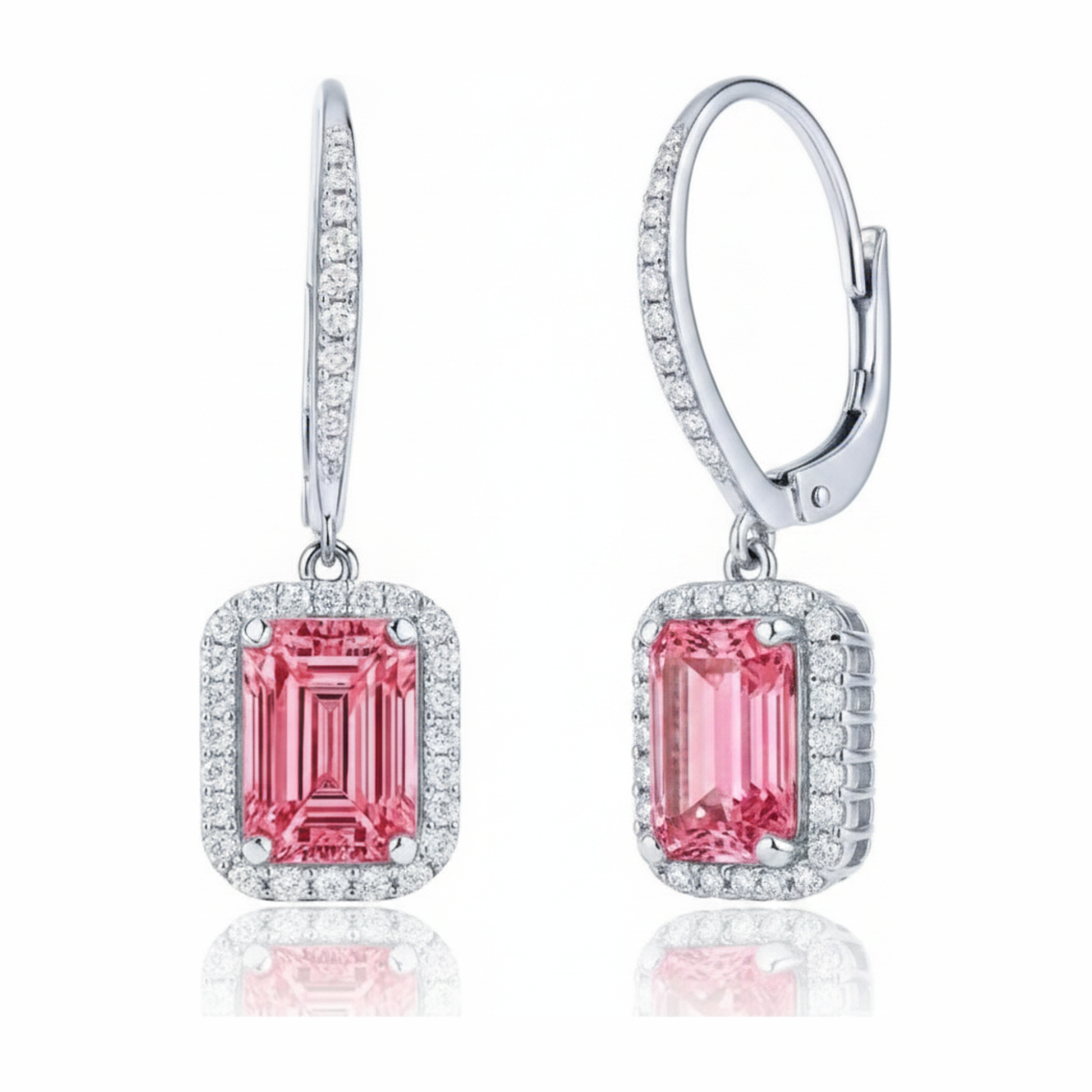 Emerald Cut Pink Lab Grown Diamond and White Diamond Halo Leverback Earrings 14K White Gold