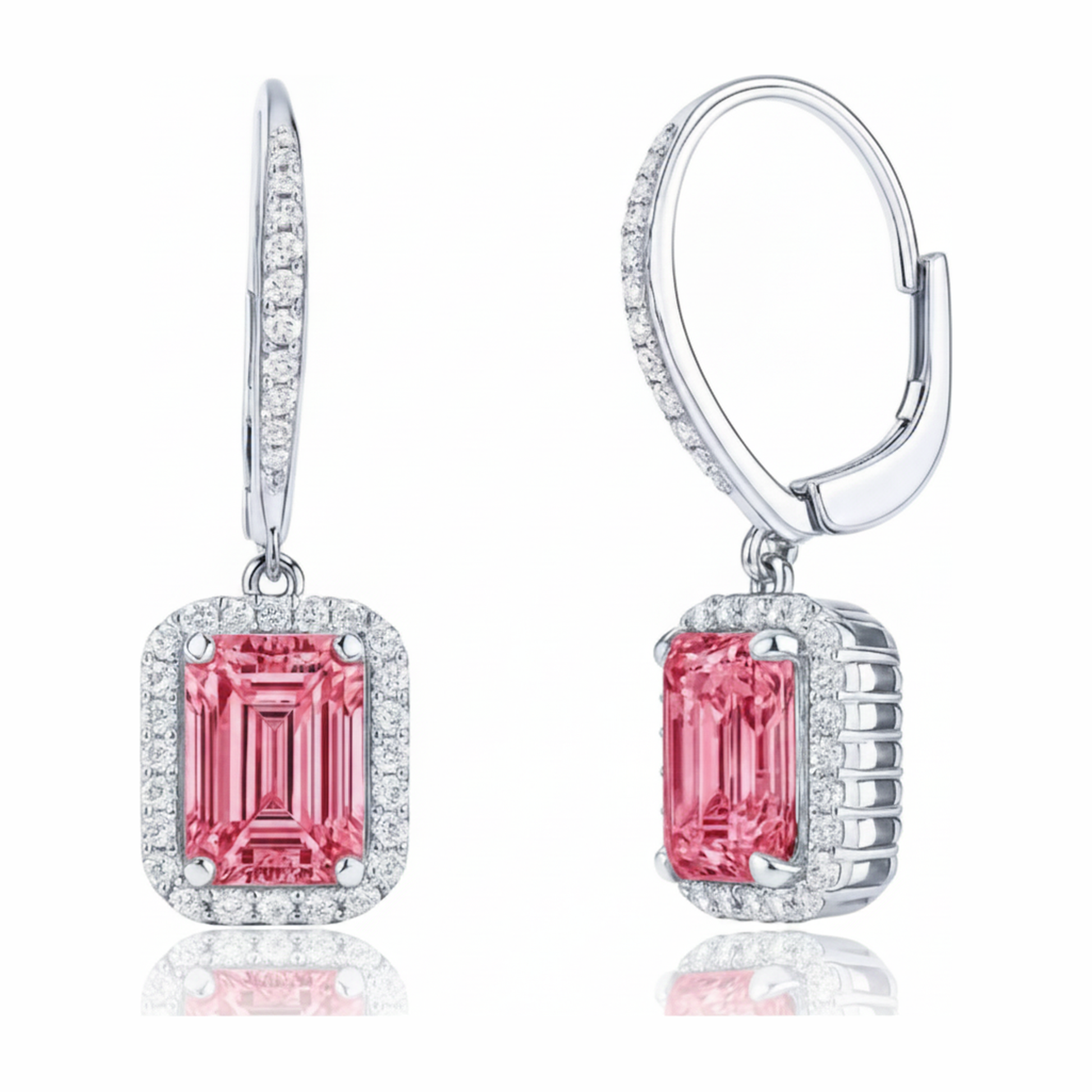 Emerald Cut Pink Lab Grown Diamond and White Diamond Halo Leverback Earrings 14K White Gold