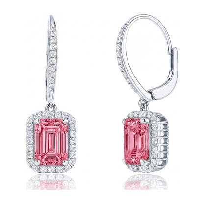 Emerald Cut Pink Lab Grown Diamond and White Diamond Halo Leverback Earrings 14K White Gold