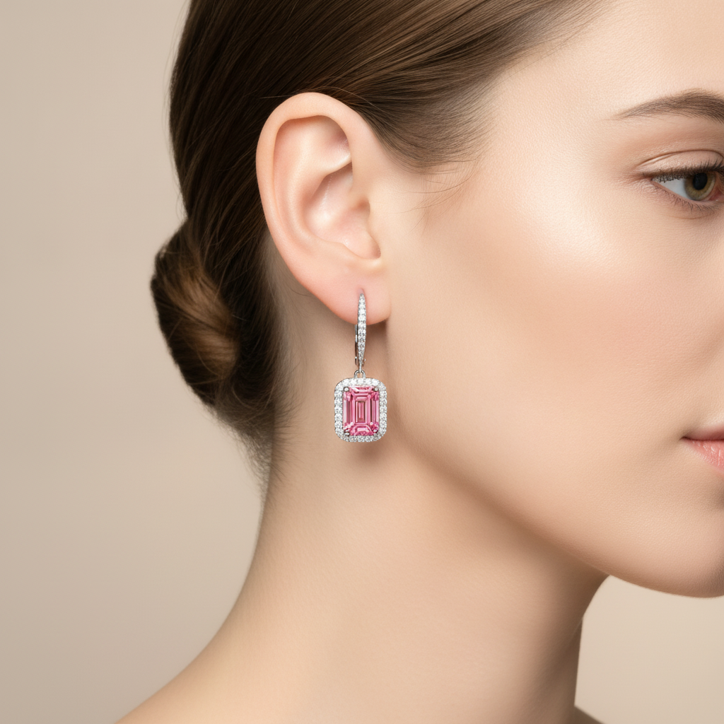 Emerald Cut Pink Lab Grown Diamond and White Diamond Halo Leverback Earrings 14K White Gold worn on ear