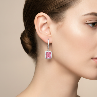 Emerald Cut Pink Lab Grown Diamond and White Diamond Halo Leverback Earrings 14K White Gold worn on ear