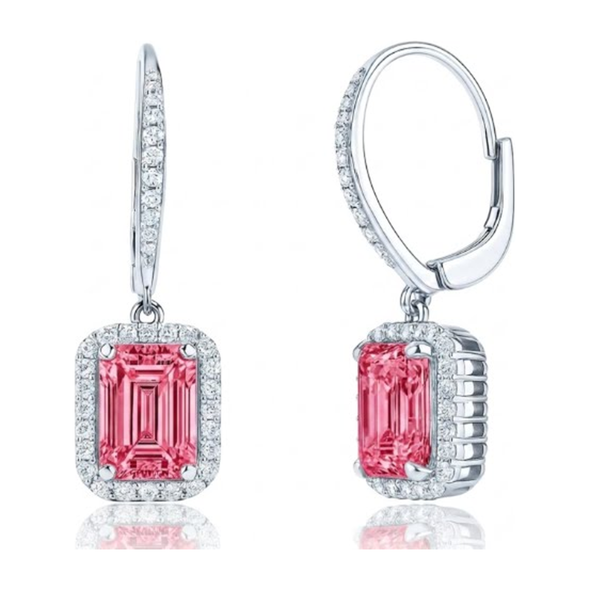 Emerald Cut Pink Lab Grown Diamond and White Diamond Halo Leverback Earrings 14K White Gold