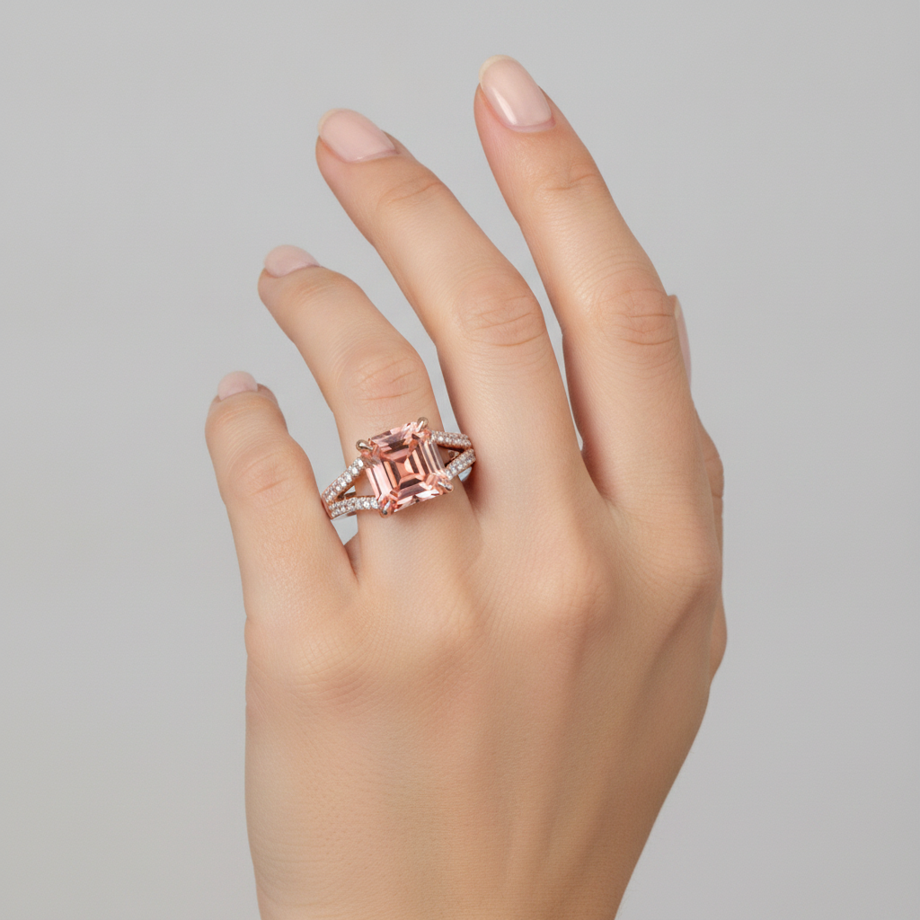 Emerald Lab Grown Padparadscha and Lab Grown Diamond Pave Ring 14K Rose Gold