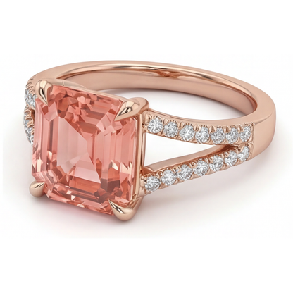 Emerald Lab Grown Padparadscha and Lab Grown Diamond Pave Ring 14K Rose Gold