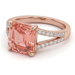 Emerald Lab Grown Padparadscha and Diamond Pave Ring 14K Rose Gold