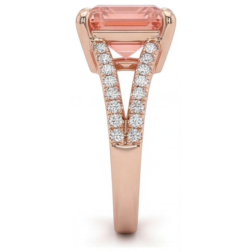 Emerald Lab Grown Padparadscha and Lab Grown Diamond Pave Ring 14K Rose Gold