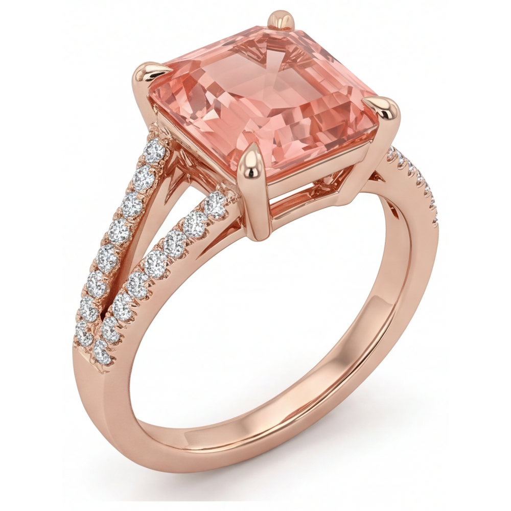 Emerald Lab Grown Padparadscha and Lab Grown Diamond Pave Ring 14K Rose Gold