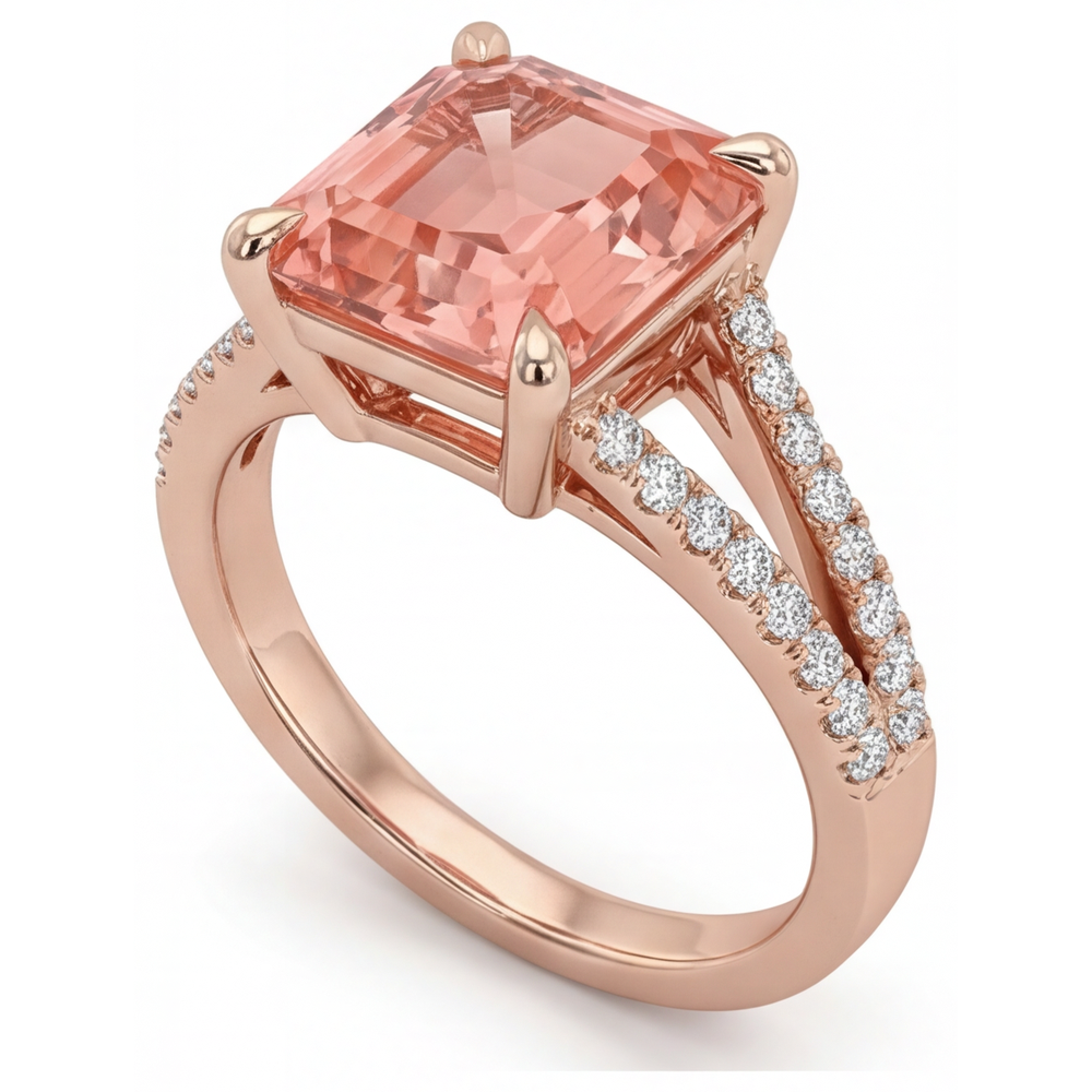 Emerald Lab Grown Padparadscha and Lab Grown Diamond Pave Ring 14K Rose Gold