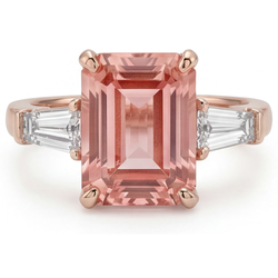 Emerald Lab Grown Padparadscha and Diamond Three Stone Ring 14K Rose Gold