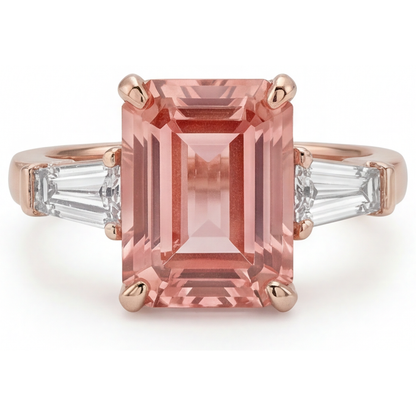 Emerald Lab Grown Padparadscha and Lab Grown Diamond Three Stone Ring 14K Rose Gold